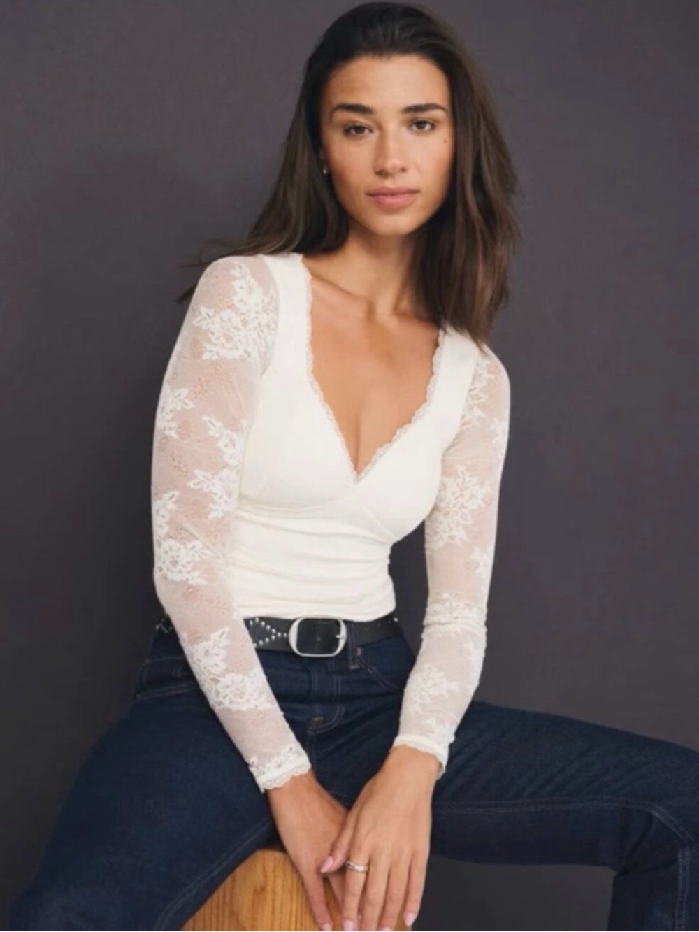Abercrombie & Fitch Zoe Bra-Free Long-Sleeve Lace Top NWT Ivory Large